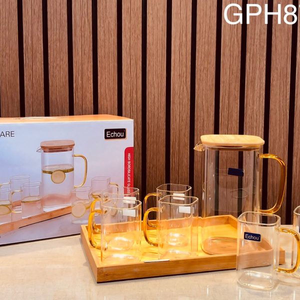 Premium Glass Water Pitcher Set with Golden Handles